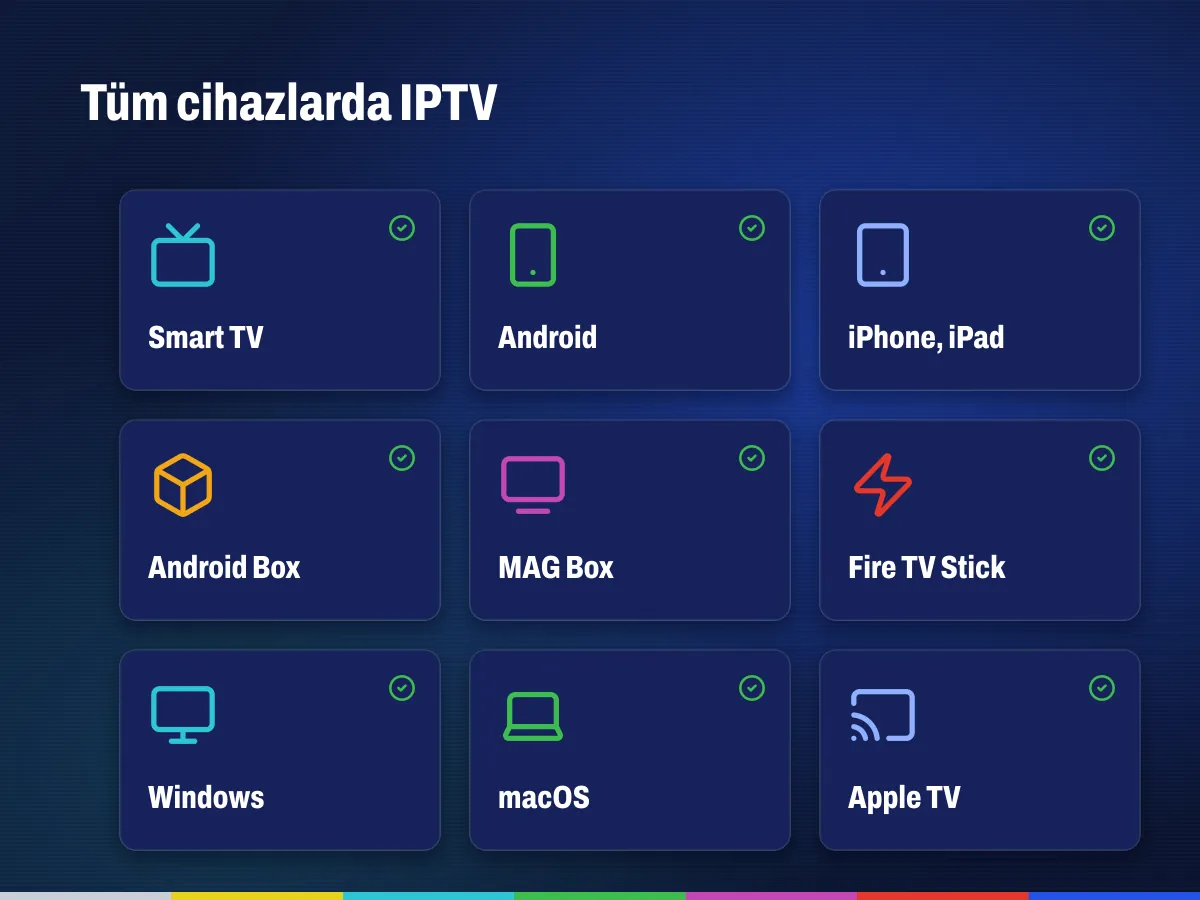 Tüm cihazlarda IPTV desteği: Smart TV, telefon, tablet, TV Box ve bilgisayar Tüm cihazlarda IPTV desteği: Smart TV, telefon, tablet, TV Box ve bilgisayar